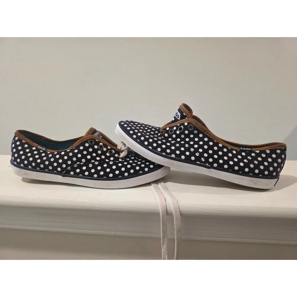 Women's‎ sz 7.5 Keds Champion Navy Blue White Polka Dot Canvas Sneakers WF45400M